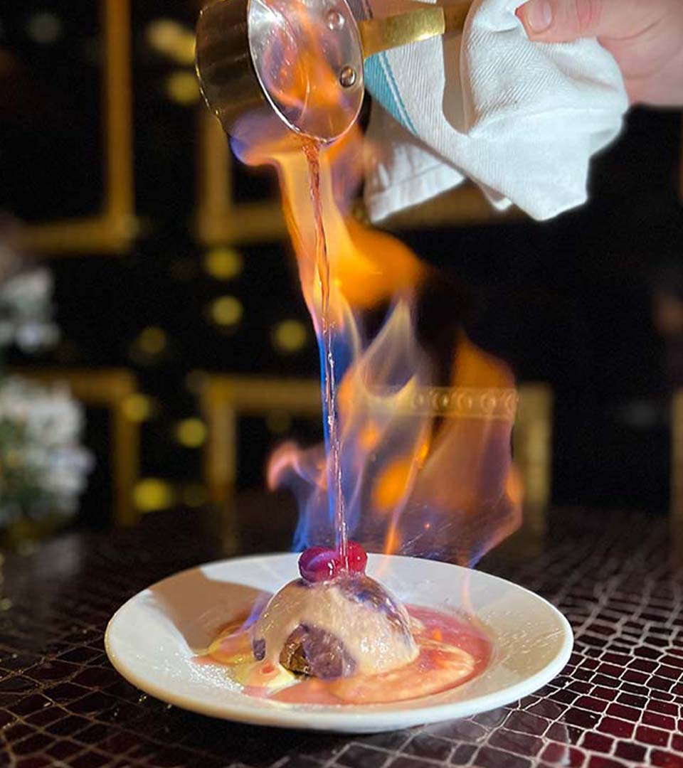 Christmas Pudding on Fire at Crazy Bear