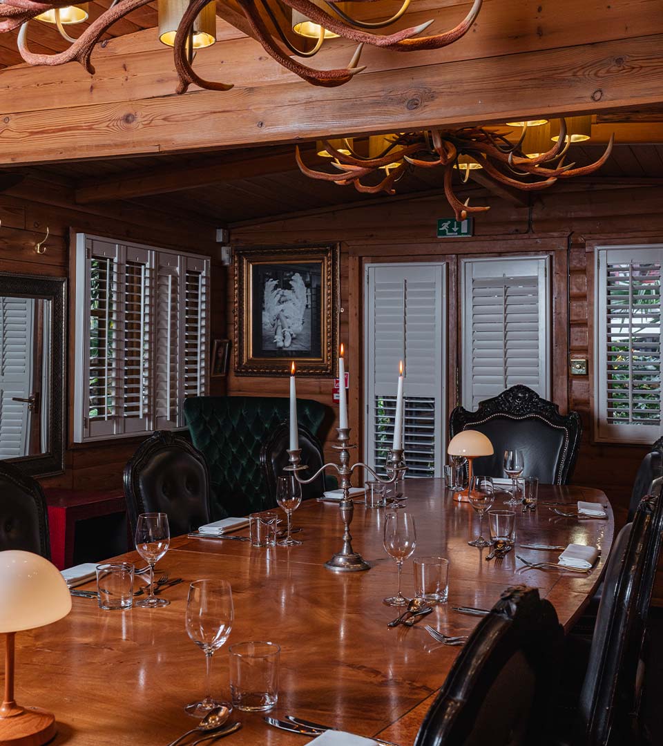 Log Cabin meeting and private dining space at Crazy Bear Stadhampton